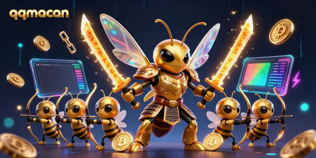 qqmacan presents an exciting scene with a hornet samurai and bee archers set in a vibrant digital casino.