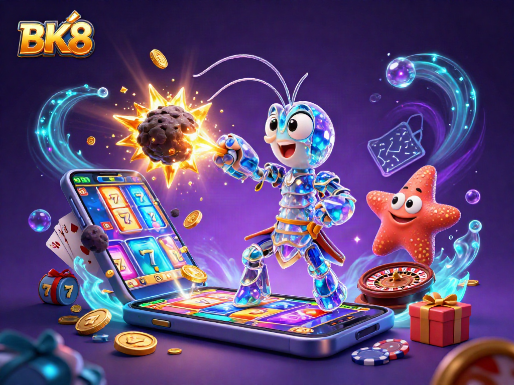 Experience BK8's thrilling casino game scene with colorful slots, gems, and exciting characters.