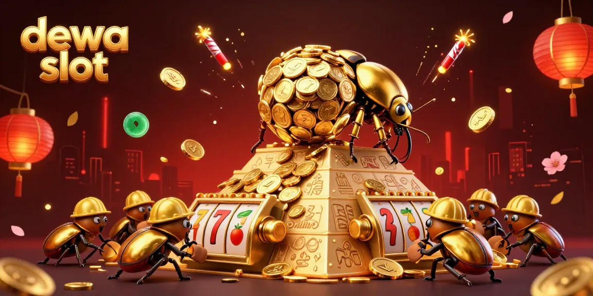 Engage with the excitement of dewa slot as golden beetles roll coins up a pyramid with vibrant game symbols.