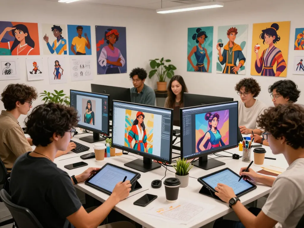 Creative team designing NSFW AI characters in a vibrant studio