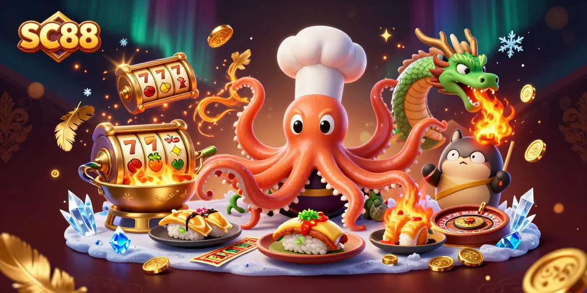 Immerse in SC88's vibrant casino experiences with an octopus chef, dragon, and tanuki in action.
