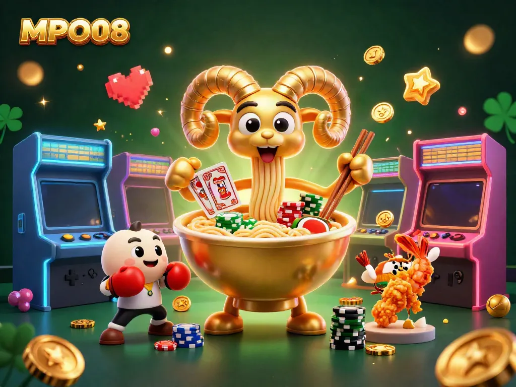 MPO08 showcases an exciting casino scene with a vibrant golden ramen bowl and engaging game elements.