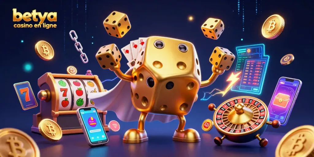 Engage with betya casino en ligne as the golden dice golem juggles and slots symbolize fun.