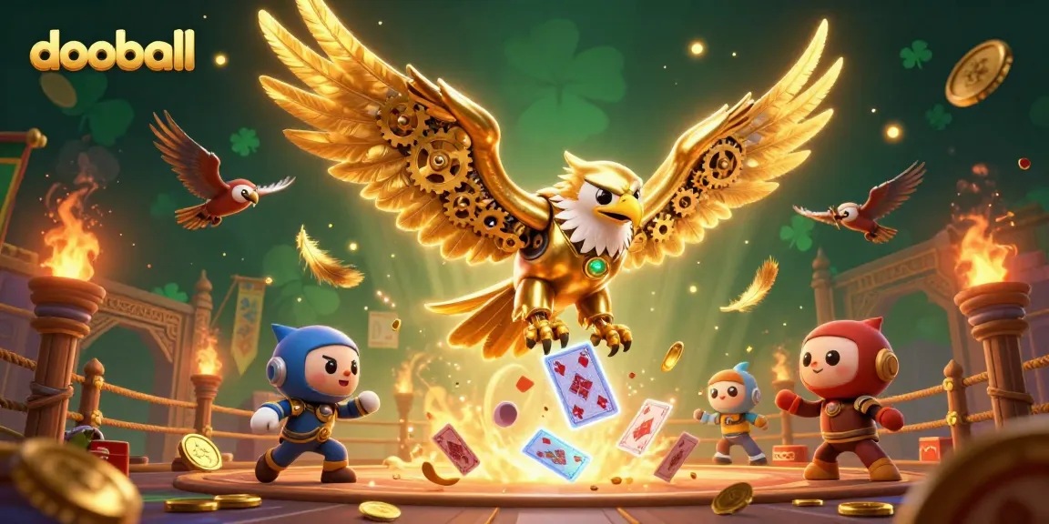 Experience dooball excitement with a cybernetic eagle and dynamic visuals in a vibrant gambling scene.