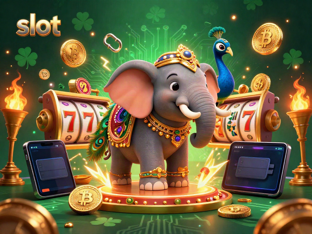 Menangkan slot dengan gajah bertema Diwali dan kawan burung merak bersama simbol slot berkilauan.