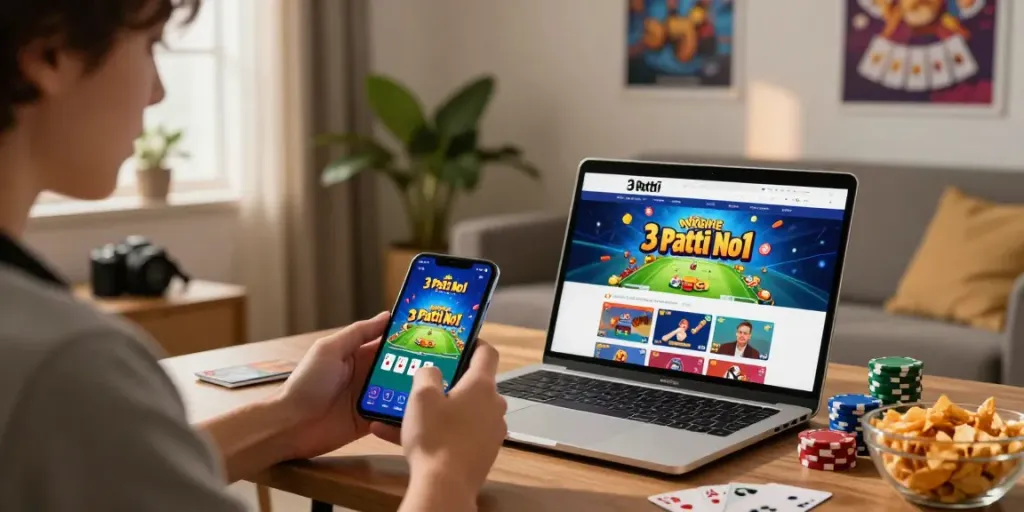 Exciting moment playing 3 Patti No1 app at home, showcasing vibrant game graphics and user engagement.
