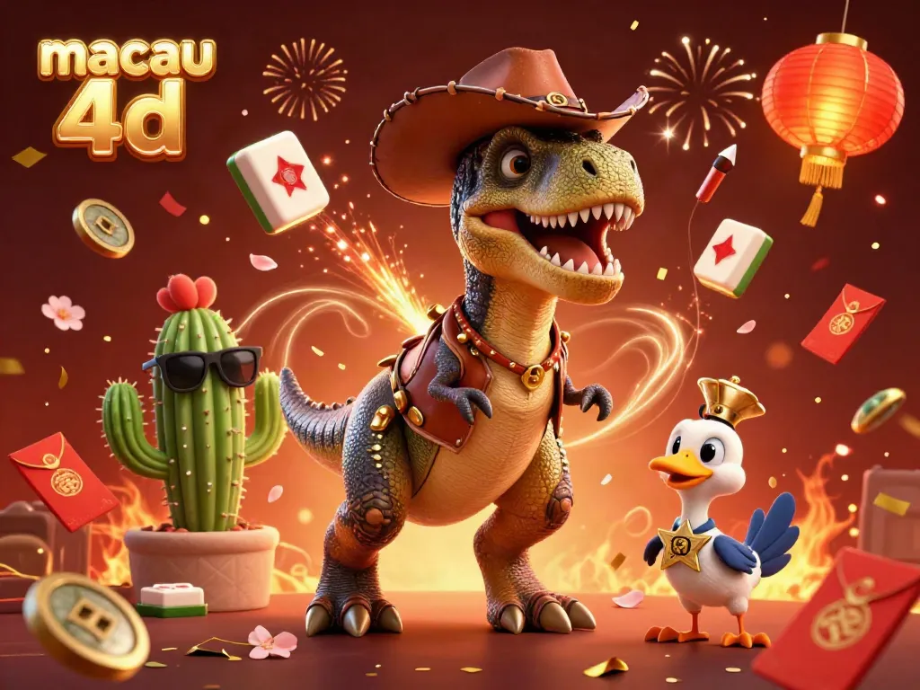 Visualisasi menarik tentang permainan macau 4d dengan karakter dino cowboy dan elemen kebudayaan, siap menarik perhatian pemain!