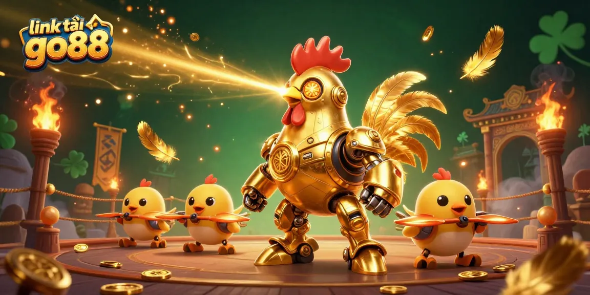 Experience link tải go88 with a dynamic scene featuring a golden rooster robot engaging in a thrilling gambling world.