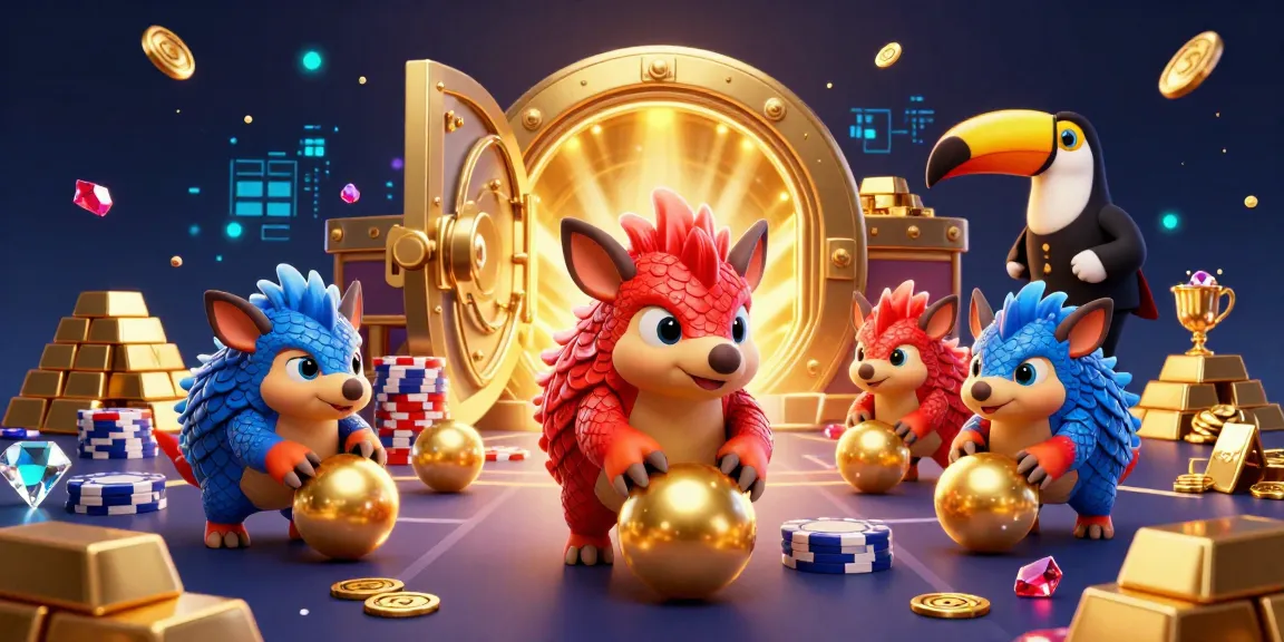 XoilacTv showcases vibrant pangolins in a fruit-filled casino adventure, surrounded by gold and gems.