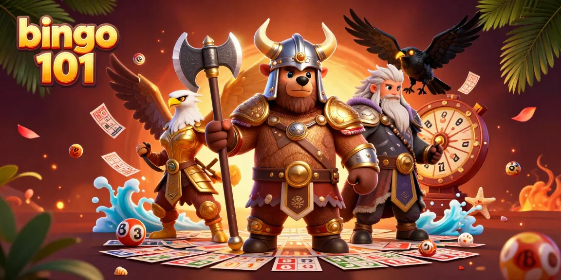 Engage with bingo 101 as a Viking bear and Valkyrie eagle battle for fun, featuring bingo cards and vibrant colors.