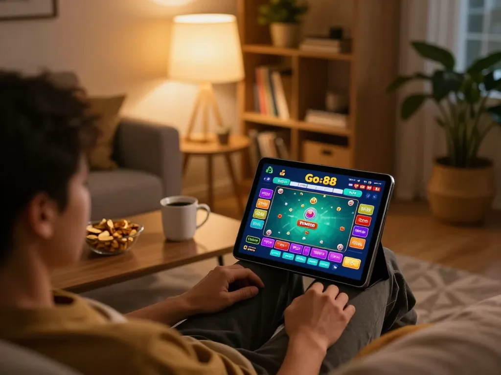 Person engaging with Go 88 online casino game, showcasing a cozy home setting filled with strategic gameplay elements