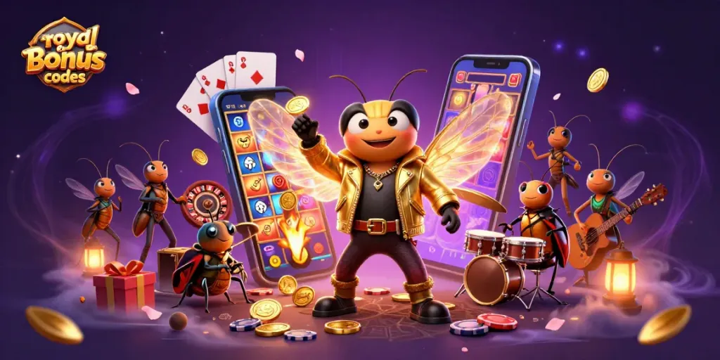 Engage with royal ace bonus codes as a rock star cicada and drummer beetle celebrate at a vibrant casino scene.