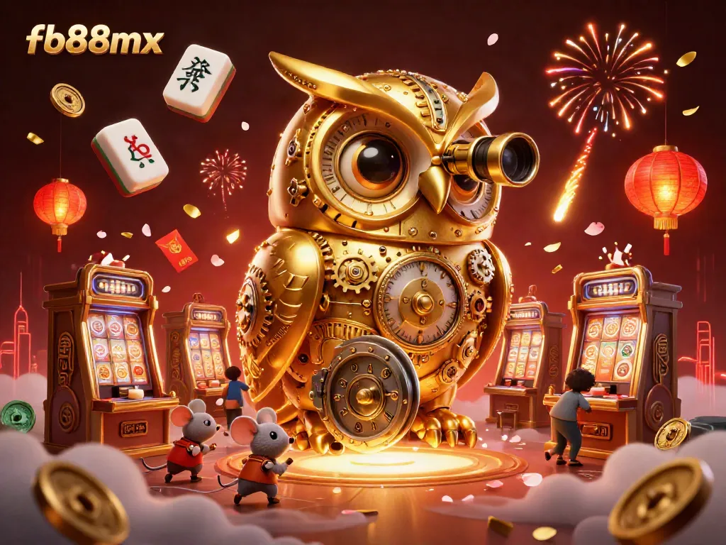 Experience the excitement of fb88mx with an engaging 3D casino scene featuring a golden owl and vibrant gaming elements.