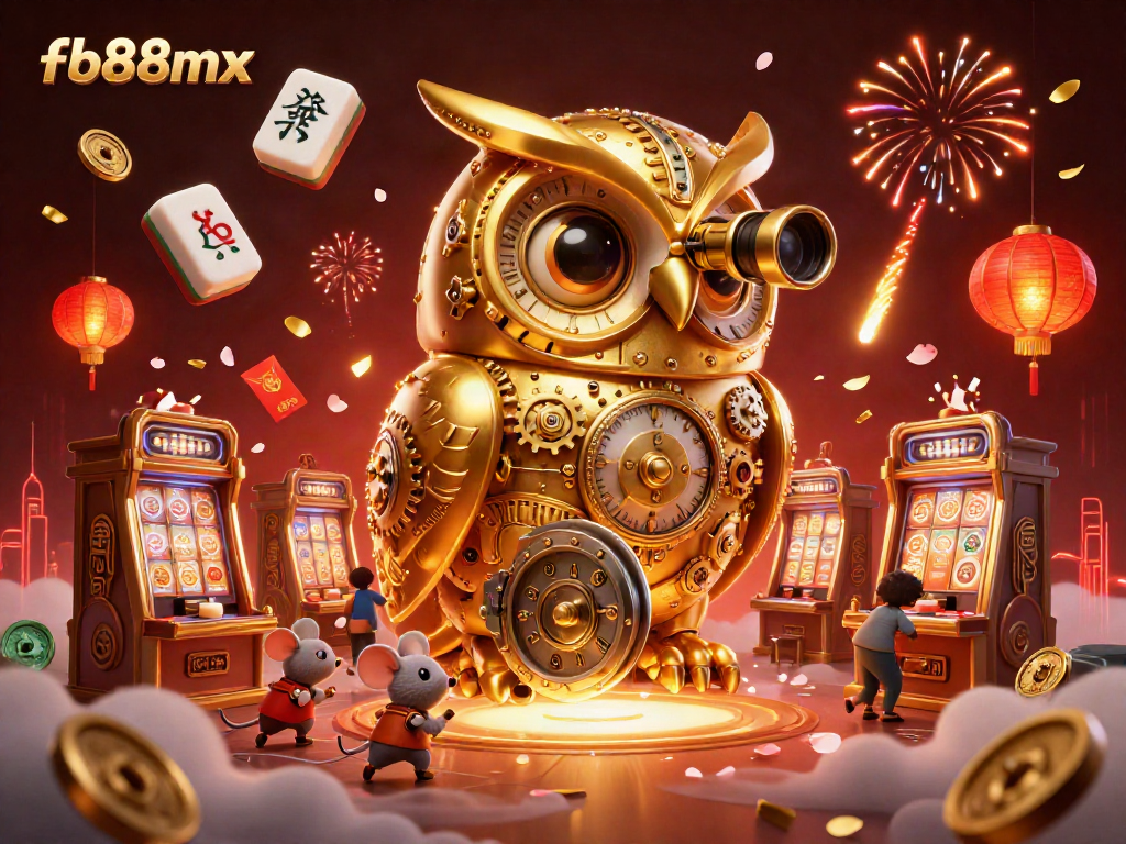 Experience the excitement of fb88mx with an engaging 3D casino scene featuring a golden owl and vibrant gaming elements.