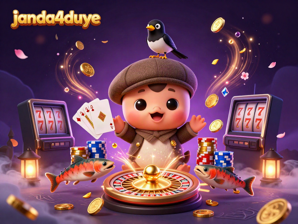 Mainkan game kasino di JANDA4DUYE dengan karakter menarik dan koin emas yang berkilau.