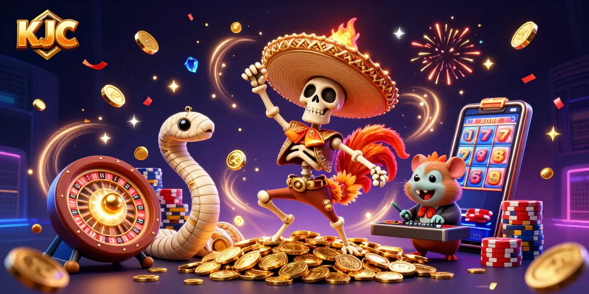 KJC showcases a vibrant 3D scene with a mariachi rooster celebrating in a casino, surrounded by dazzling coins and gems.