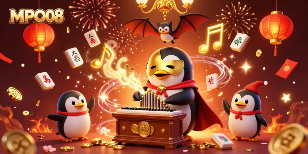 MPO08 casino illustration with a penguin playing an organ, surrounded by festive gambling elements.