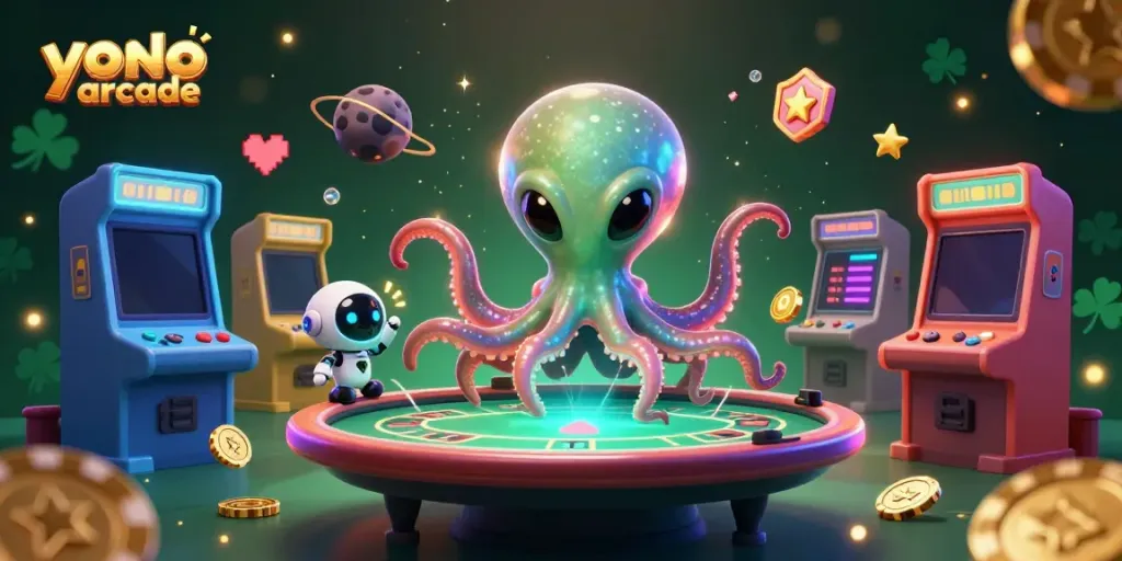 Engage with yono arcade through a dynamic scene featuring an alien octopus at a poker table amidst vibrant gaming elements.