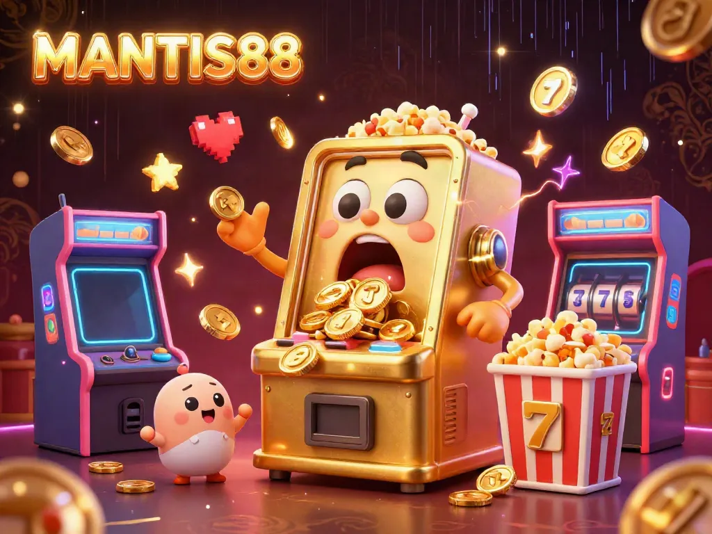 MANTIS88 slot machine hits jackpot with gold coins pouring out, surrounded by cheering baby slots and arcade elements.