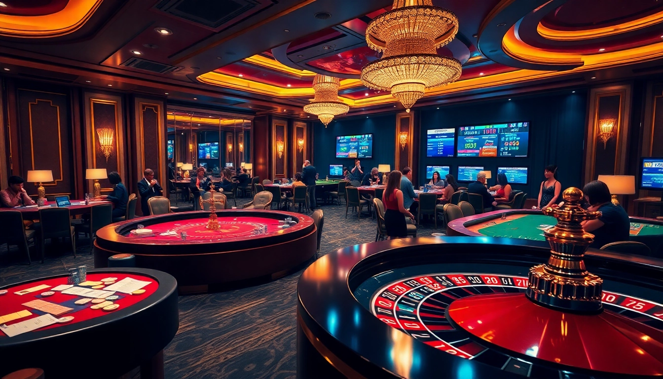 Players enjoying a thrilling game experience at VA88 casino tables, showcasing vibrant chips and roulette excitement.