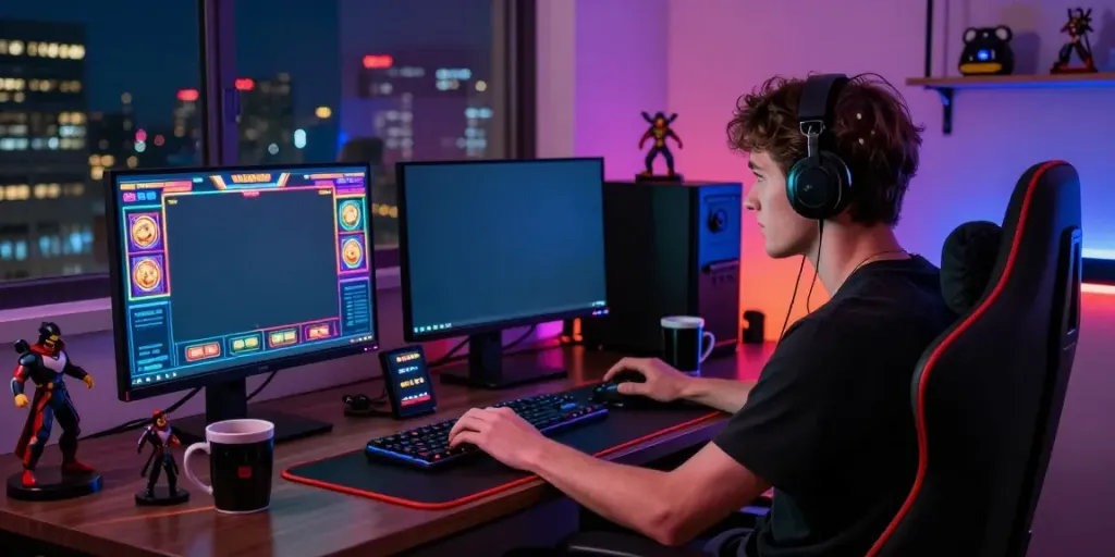 Engaging scene of a young adult gaming online with akunjp slot games in a vibrant workspace.