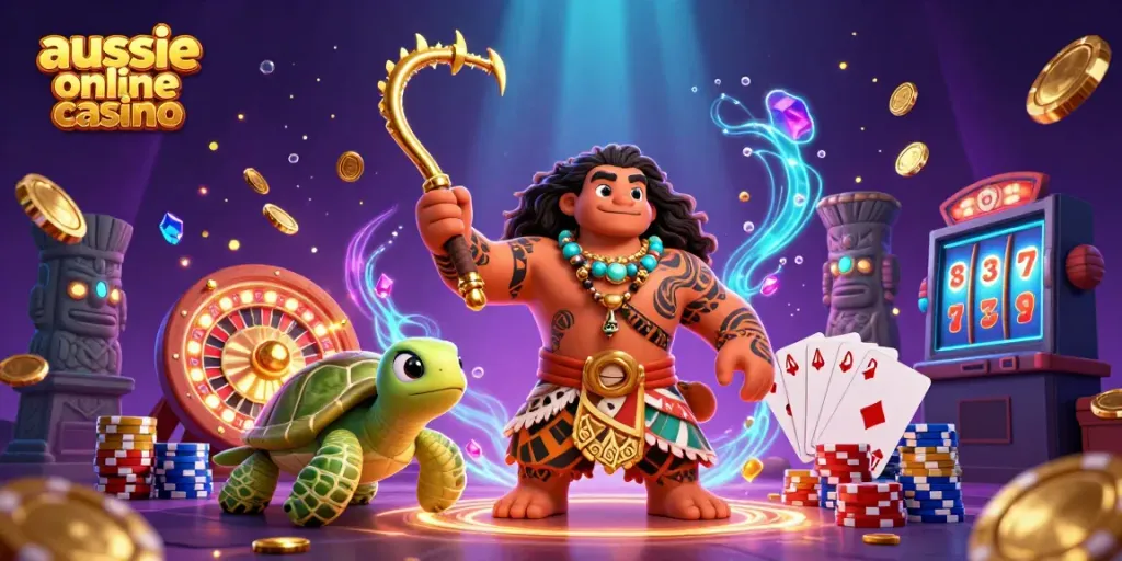 A vibrant 3D scene showcasing the aussie online casino with a Polynesian demigod hawk, golden fish hook, and energetic casino elements.
