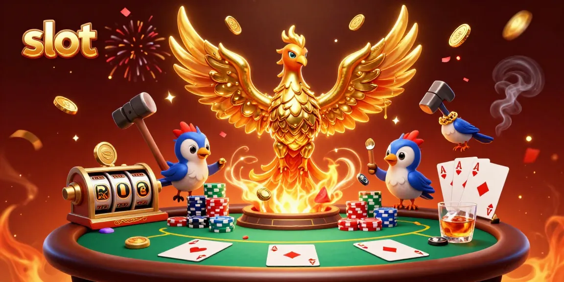 Menangkan slot dengan phoenix emas dan permainan poker mewah di latar belakang meriah.