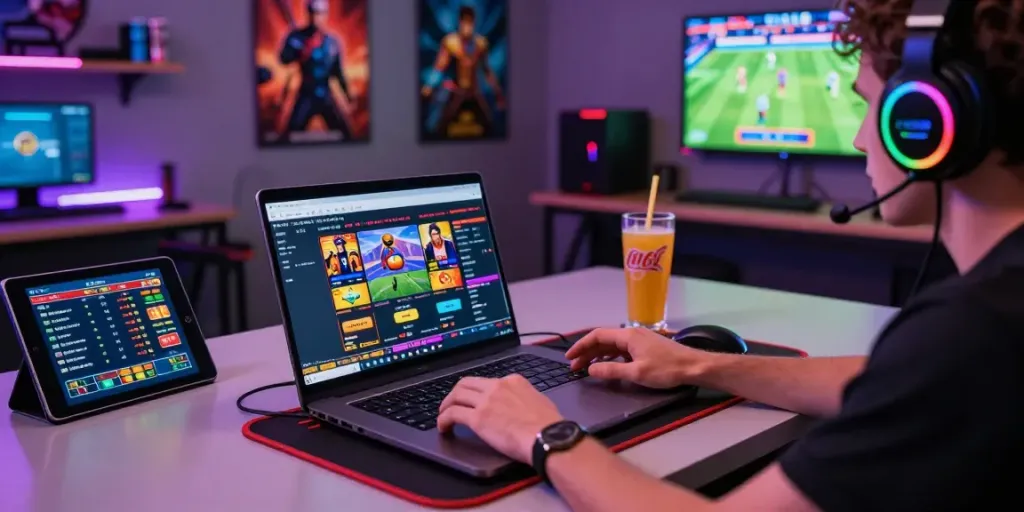 Engaged player at a live casino game on laptop in a vibrant gaming room, showcasing lotus365 excitement and features.
