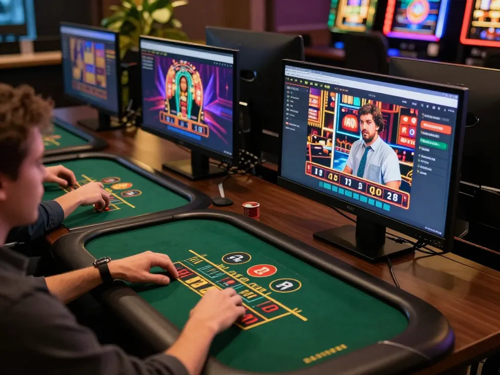 Players engaging in strategic online gaming with shbet casino platform on multiple screens, showcasing interactive betting