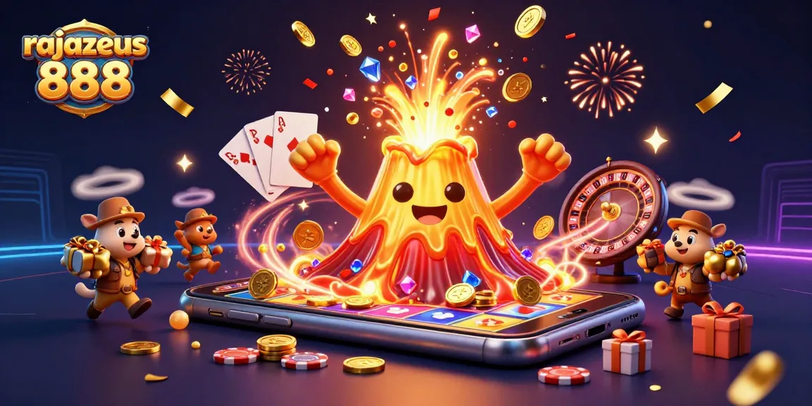 Play big and win with rajazeus 888 as coins erupt from the triumphant volcano illustration.