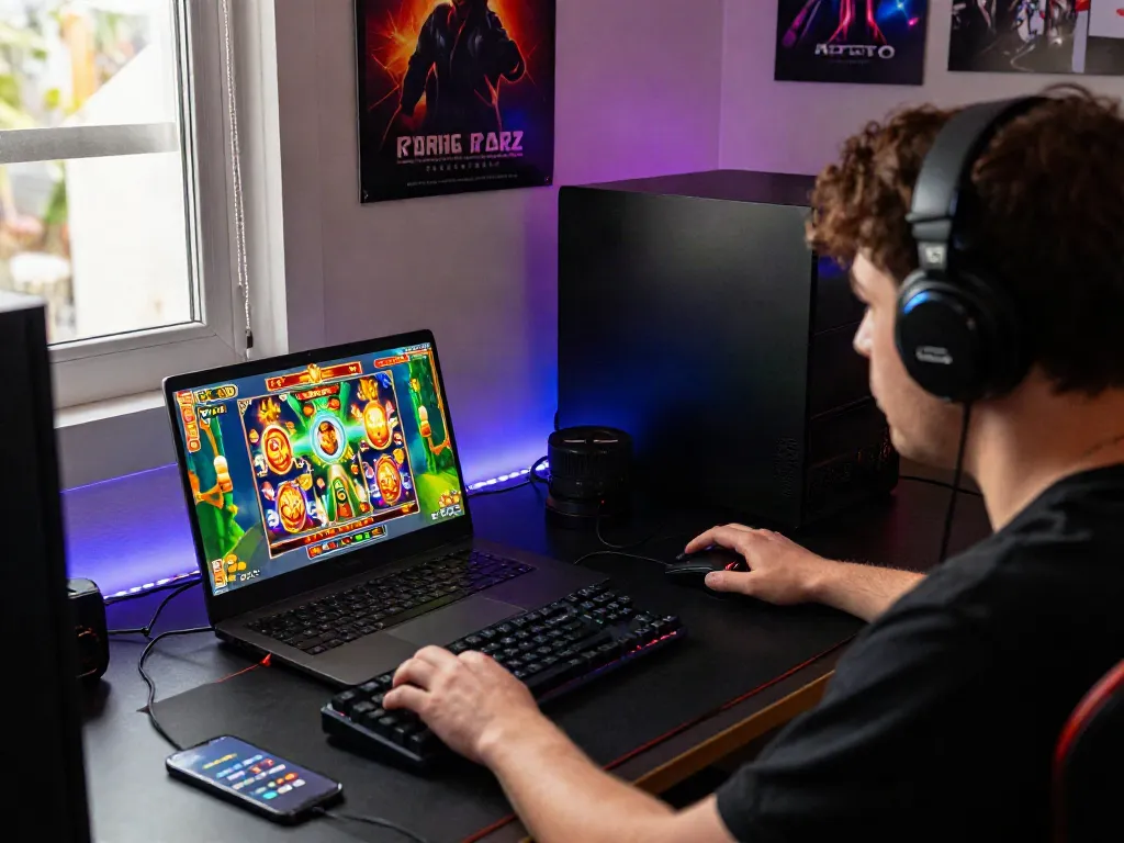 Pemain terlibat dalam slot game online di royal288 dengan suasana menarik dan perlengkapan gaming canggih.