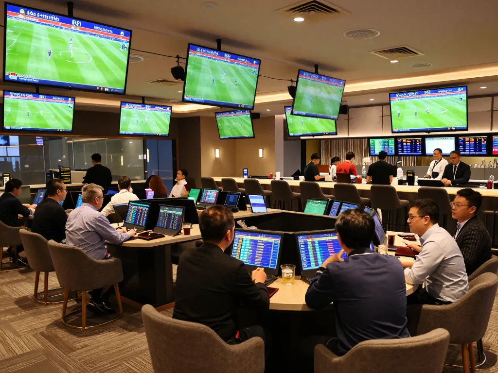 Engaged sports fans discussing kèo nhà cái 5 in a vibrant betting lounge with live screens.