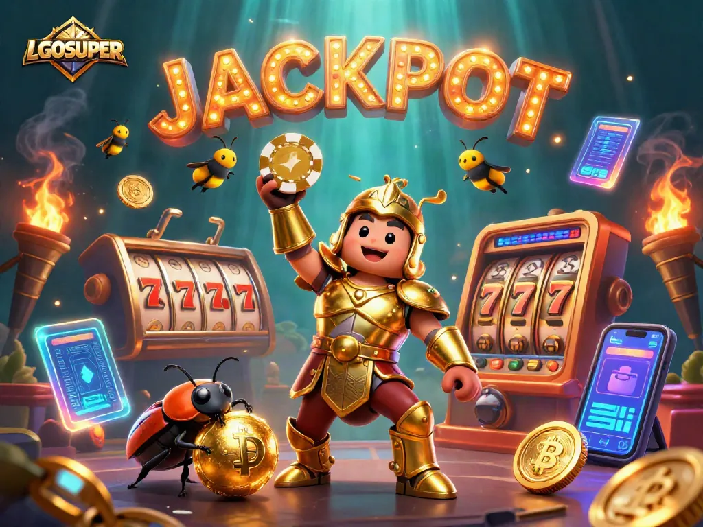Engage with LGOSUPER's winning performance as the heroic beetle lifts a poker chip in a vibrant casino scene.