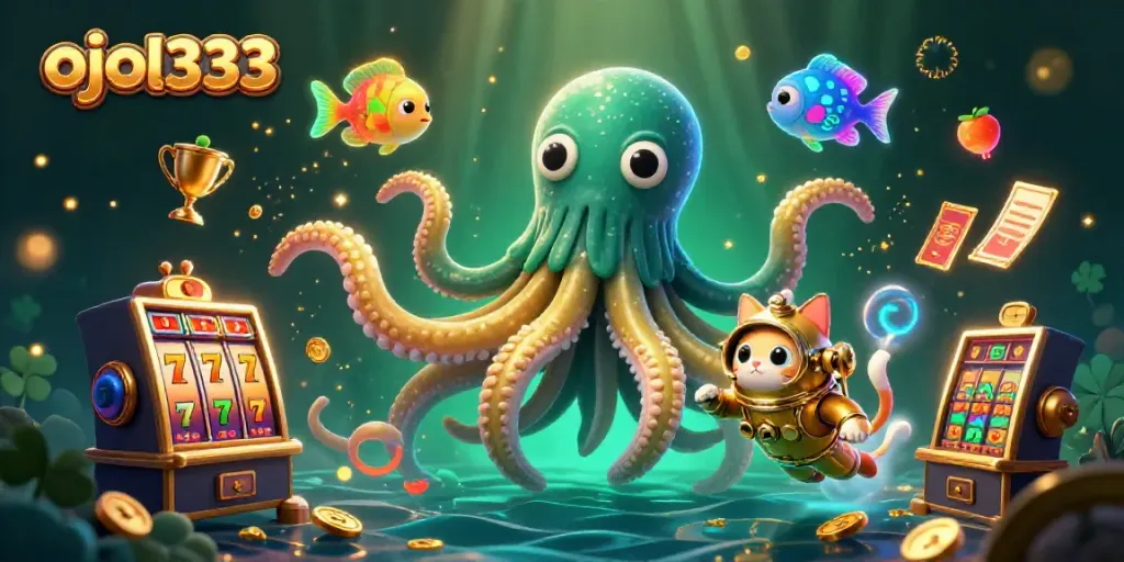 Engage with ojol333 and explore the gaming excitement featuring kraken and diving cat in vibrant slot scene.