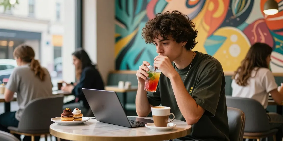 Young person in streetwear engaging with their smartphone at a café, encapsulating urban lifestyle and peh888 culture.