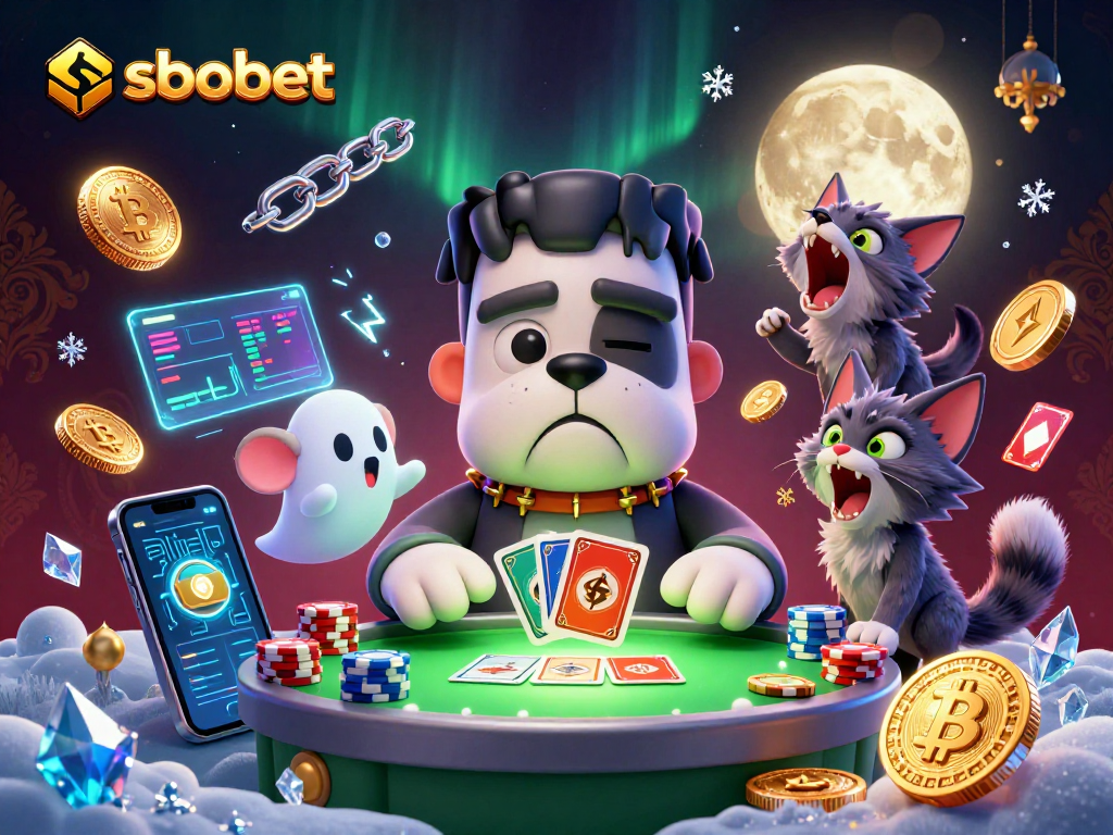 sbobet players enjoy card games with a spooky bulldog dealer, ghost mouse, and golden moon backdrop