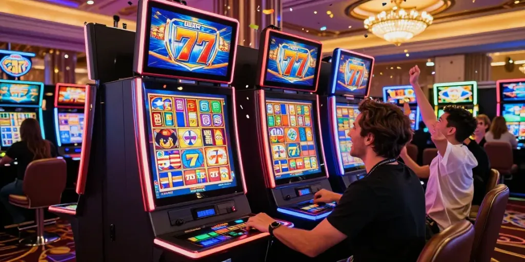 Exciting casino gaming scene featuring Lucky777 slot machine with bright neon lights and cheerful players.