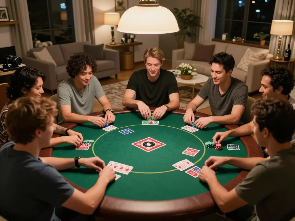 Friends enjoying a thrilling poker night with gtatogel-inspired strategies at a cozy round table.