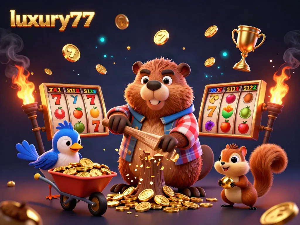 Experience the excitement of luxury777 with a cartoon beaver and friends collecting golden coins!