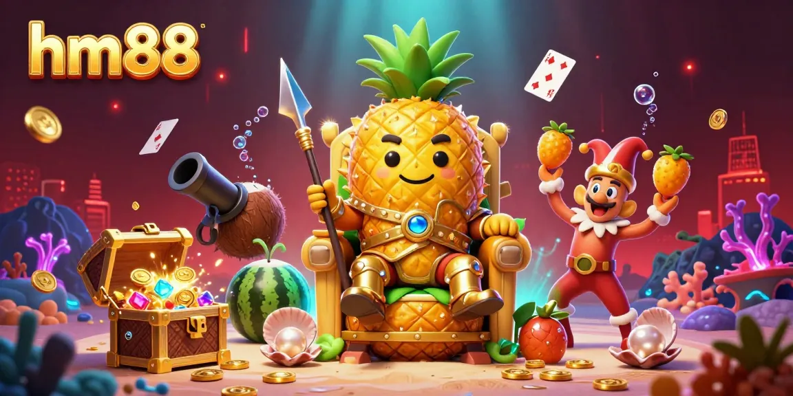 Join the fun at hm88 with a vibrant beach casino scene featuring a golden pineapple king and treasure!
