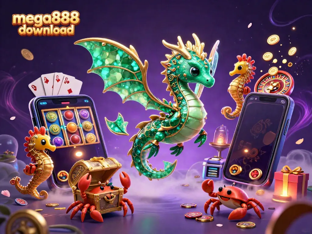 Engage with the mega888 download featuring a dynamic sea dragon, treasures, and vibrant casino elements.
