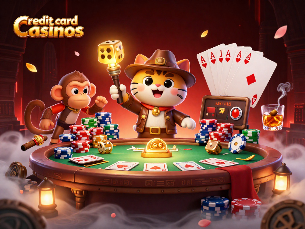 Explore top credit card casinos in a rich 3D scene showcasing poker and vibrant gaming elements.