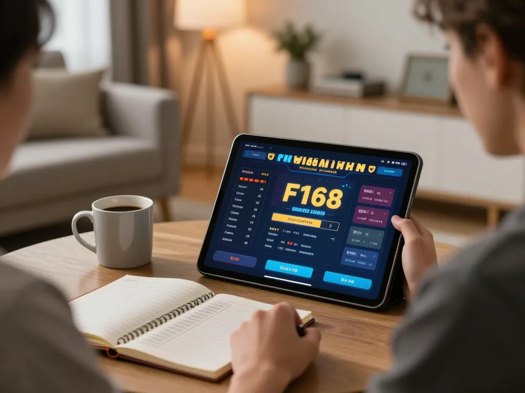 Player enjoying F168 online casino gaming on tablet in a cozy living room setting