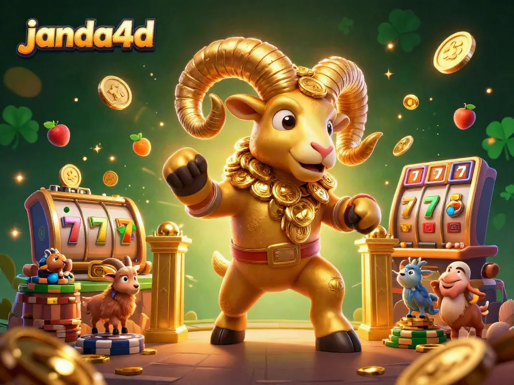 janda4d menyajikan ilustrasi kasino online dengan domba emas dan simbol slot yang menarik