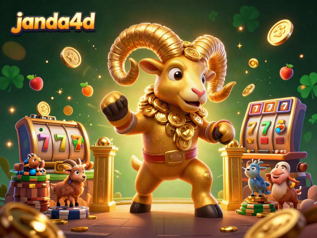 janda4d menyajikan ilustrasi kasino online dengan domba emas dan simbol slot yang menarik