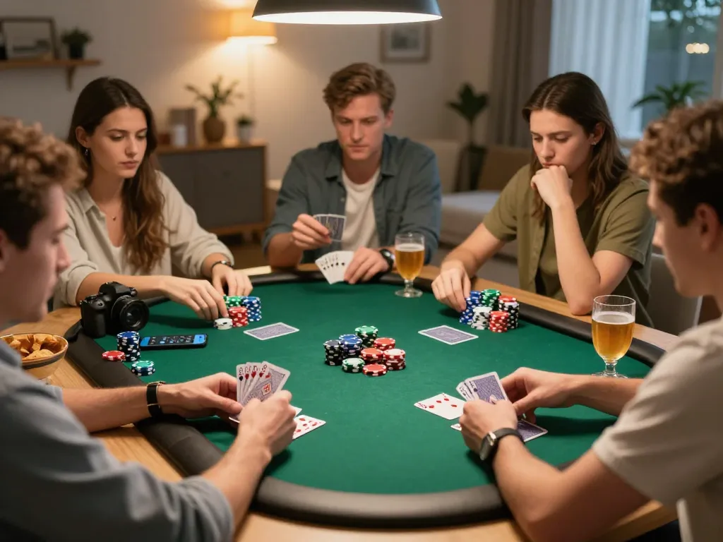 Friends enjoying a lively poker game at home while placing sbobet bets via smartphone.