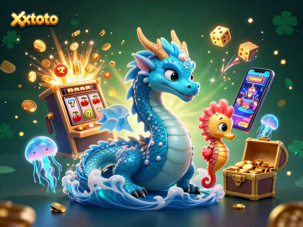 Memenangkan jackpot dengan xxtoto di slot megah yang dikelilingi oleh naga air dan kuda laut.
