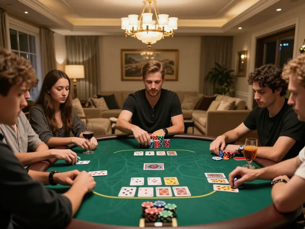 Players enjoying poker at home, showcasing 88aa engagement and strategic gameplay with cards and chips.