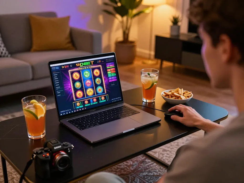 Engaging 9bet online gaming scene with player using laptop for exciting gameplay.