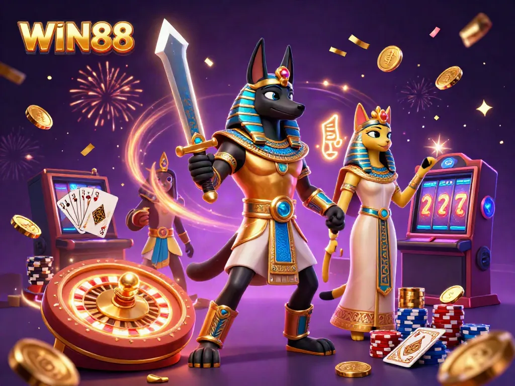 Win88 showcases a vibrant 3D digital casino scene with Anubis and Bastet amid flying coins and dazzling lights.